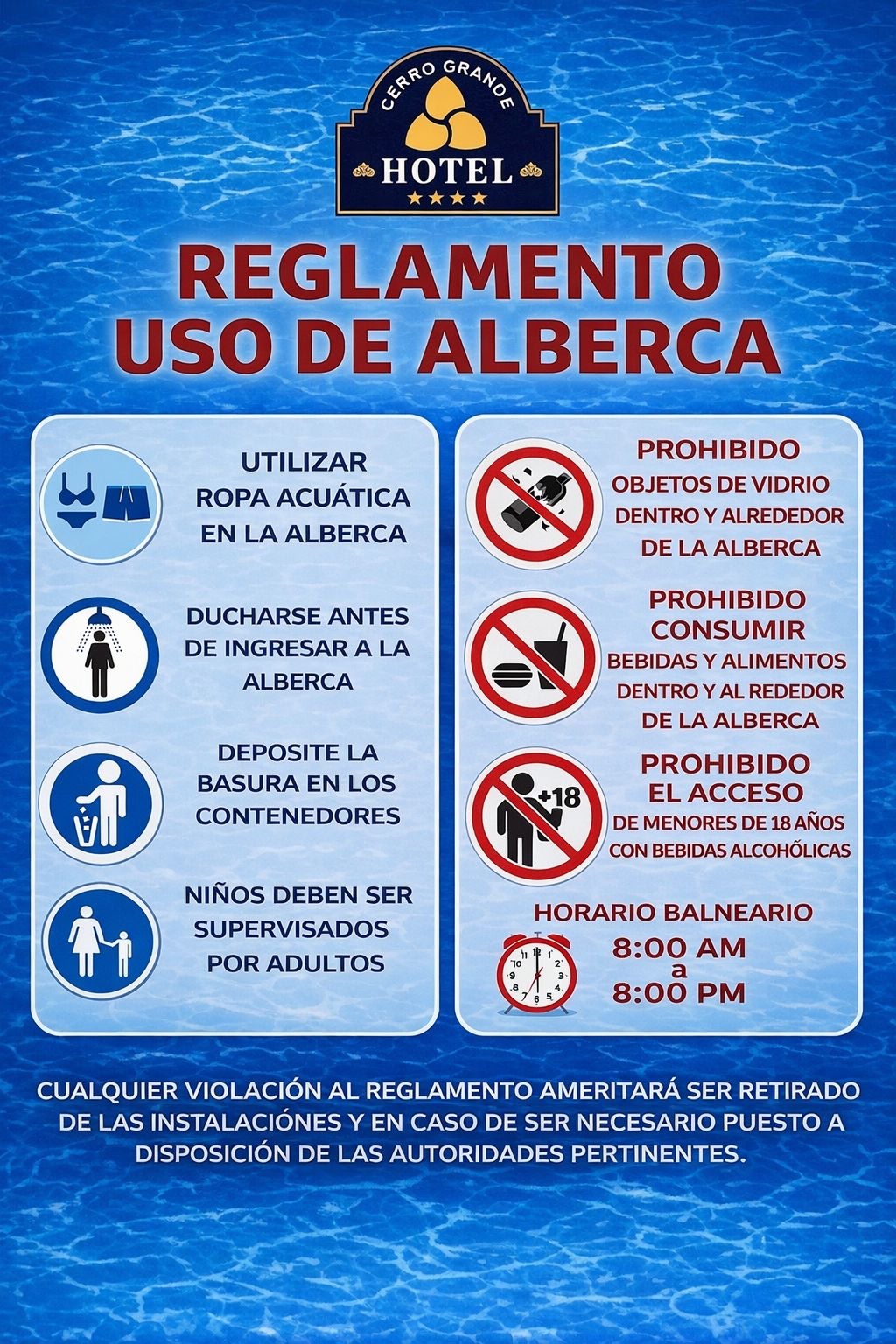 Reglamento de uso de alberca Hotel Cerro Grande